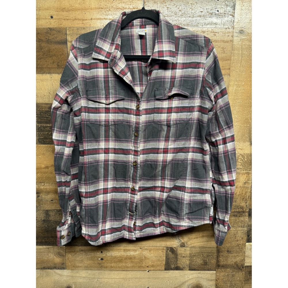 Carhartt Womens Plaid Flannel Shirt Grey Burgundy Long Sleeve Button Up Large